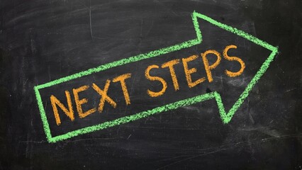Green arrow drawn on a chalkboard pointing forward to illustrate progression toward the next steps in a strategy goal.
