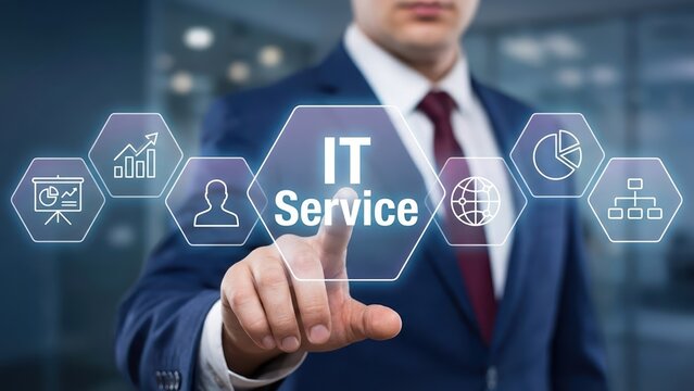 Businessman using generic to select IT service icon in a digital communication interface for IT solutions. - Powered by Adobe