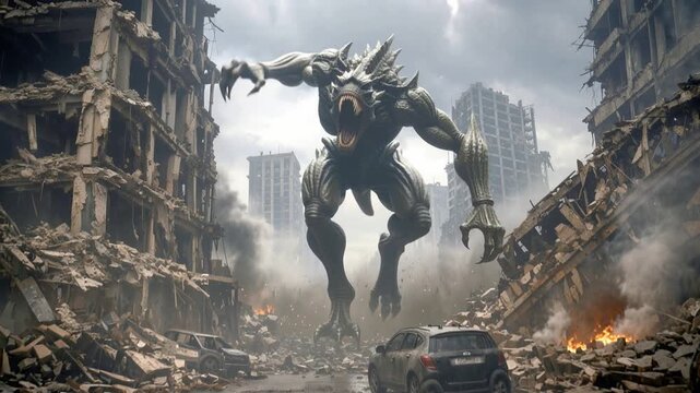 Bearded man running away from monster in destroyed city street. Caucasian millennial wearing virtual reality headset fleeing through urban ruins.