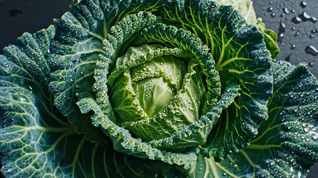 Savoy Cabbage With Fresh Dew Drops Displaying Culinary Artistry For Food Content Creators