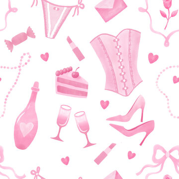 Romantic pink seamless pattern with watercolor elements such as corset, high heels, champagne bottle, glasses, cake, lingerie and feminine accessories. Perfect for Valentine and Birthday Girl. 