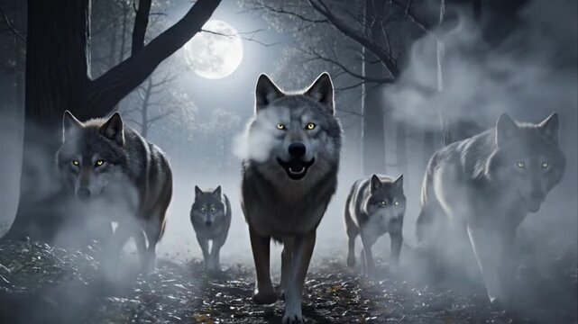 Wolf Pack Stalking Through Dark Forest Under Full Moon