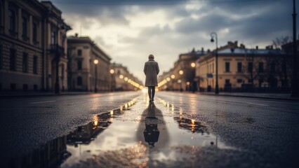 Obraz premium Man Walking Alone on Wet City Street at Night.