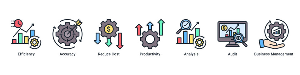 Business Efficiency banner illustrating productivity improvement, cost reduction, and performance analysis icons