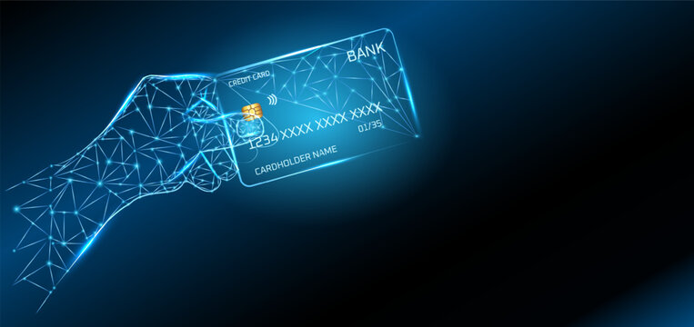 Digital bank card floating in wireframe hand against dark blue background.