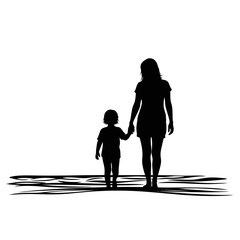 Mother and Child Walking on Beach Silhouette Vector on White Background