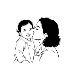 Mother Kissing Child on Forehead Silhouette Vector on White Background
