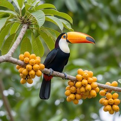Obraz premium Toucan Perched on a Branch with Yellow Berries Keywords: toucan, bird, exotic, tropical