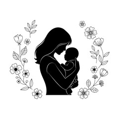 Mother Carrying Toddler Silhouette Vector on White Background