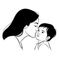 Mother Kissing Child&rsquo;s Cheek Silhouette Vector on White Background
