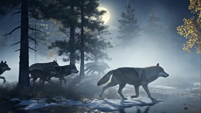 Wolf Pack Running Through Misty Forest Under Full Moon Night