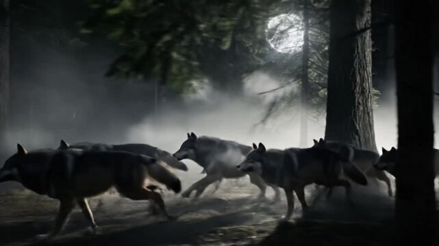 Wolf Pack Running Through Dark Forest Under Full Moon