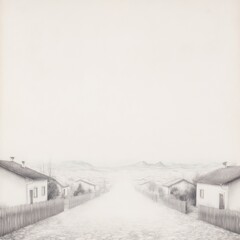 Fototapeta premium A pencil drawing presents a road leading into a town, flanked by houses and fences