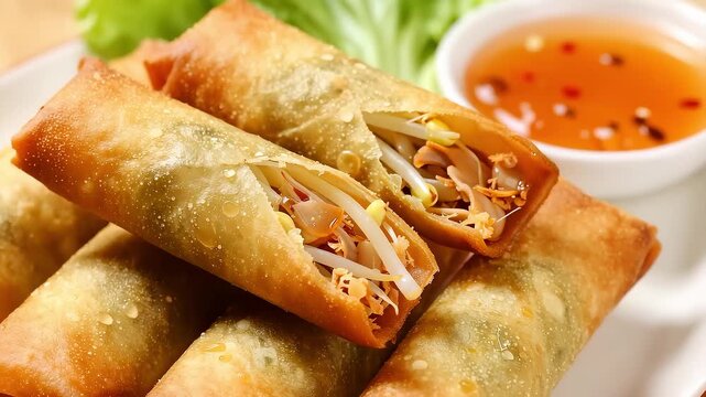 Close up of crispy golden Chinese spring rolls on plate