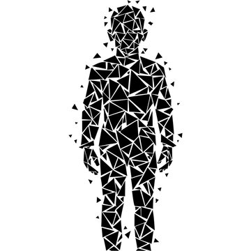 Geometric human silhouette with fragmented polygonal pattern on white background representing disintegration or digital identity