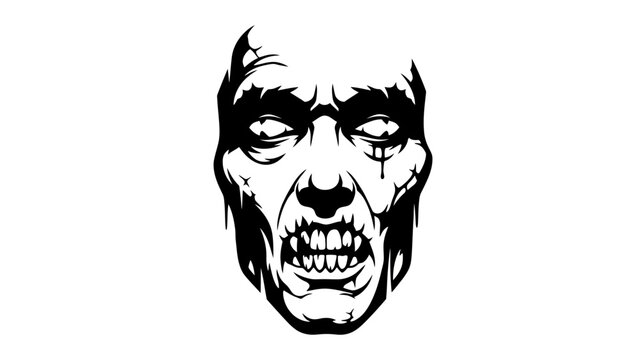 Zombie face with sharp teeth and menacing expression on white background horror graphic illustration