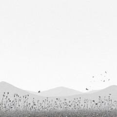 Black and white landscape, gentle hills behind grassy field, butterflies flutter above
