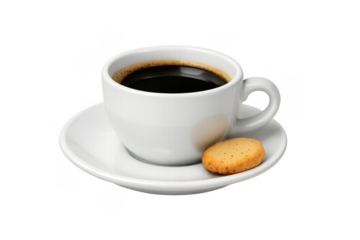 Espresso coffee cup with cookie on saucer, transparent background