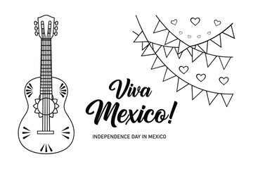Mexico independence day guitar with bunting line art