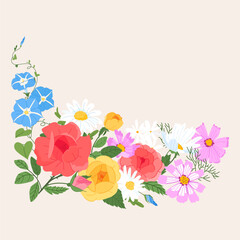 Elegant botanical corner composition vector illustration featuring a lush arrangement of red and yellow rose, cosmos, daisy, and blue morning glory flower for an heirloom romance theme