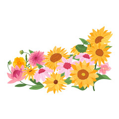 Elegant botanical vector illustration featuring a vibrant horizontal arrangement of yellow sunflower and pink dahlia isolated on a white background for a modern garden theme