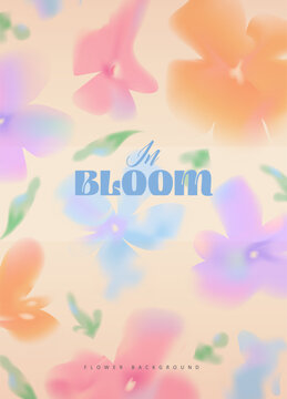 Dreamy spring floral card background featuring a soft blurred aura effect and modern typography with the inspirational quote 'In Bloom' in a vibrant aesthetic style