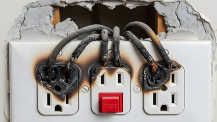 Burnt electrical outlet with blackened wires and damaged drywall showing fire and test button
