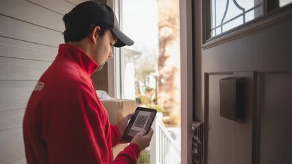 Delivery person holding tablet with QR code and package at front door - Powered by Adobe