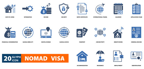 nomad visa icon set with  Cost of living ,   Integration,   Income,   Security,   Birth certificate,   International travel,   Calendar,   Application foam,   Financial  consideration,  