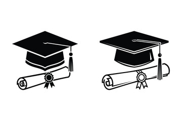 Graduation cap and diploma silhouette vector set