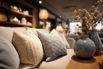 Cozy Furniture Shop Display with Elegant Cushions and Decorative Vase in a Warm