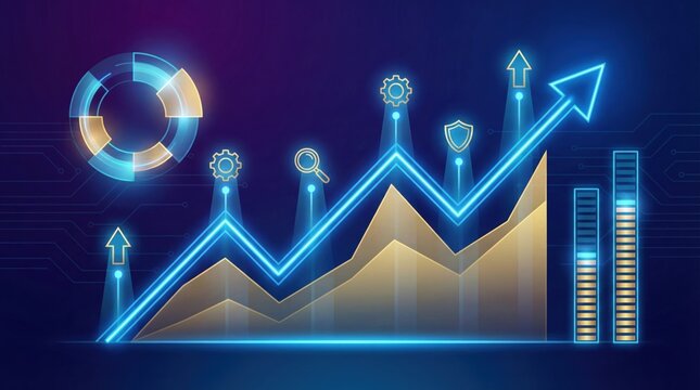Futuristic data analytics chart with glowing graph elements,bars,gear icons and circular statistics infographics for business growth and finance success - Powered by Adobe