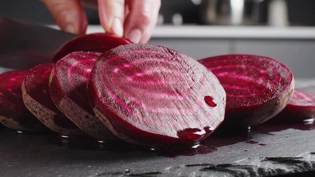Slicing Fresh Beetroot On Slate Surface With Sharp Knife For Culinary Arts Demonstration