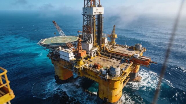 Offshore oil production facility operating in deep sea environment. Industrial drilling rig with helipad and cranes.