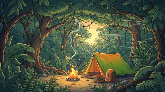 Jungle Camping Scene with Campfire Cartoon Illustration Adventure