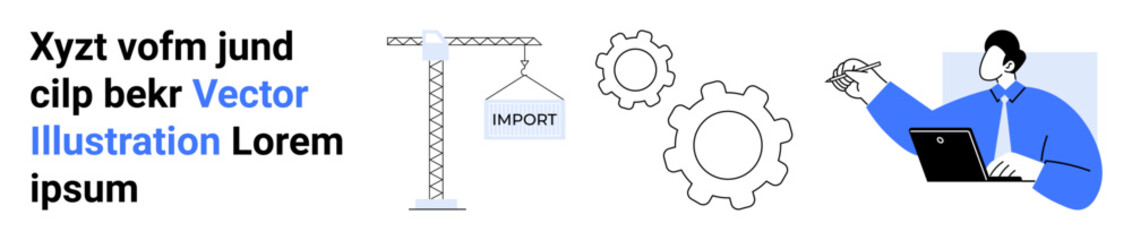 Business processes, project management, import logistics, industrial operations, planning strategy, corporate tools. Crane lifting Import, gears and professional working on a laptop. Business
