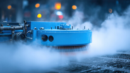 Modern industrial floor cleaning machine working on wet street pavement with steam and mist in urban night city background with bokeh lights