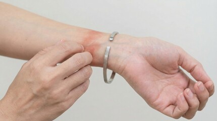 Allergic skin reaction from wearing a metal bracelet,rash and irritation on wrist caused by contact dermatitis or metal allergy