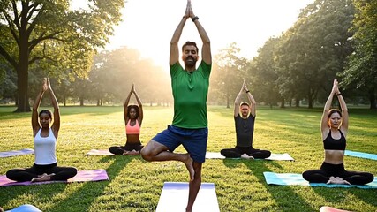 Diverse group practicing yoga in a park at sunrise, promoting wellness and mindful living.