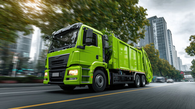 Modern green waste management truck driving fast in urban city environment showing reliable efficient professional public service concept