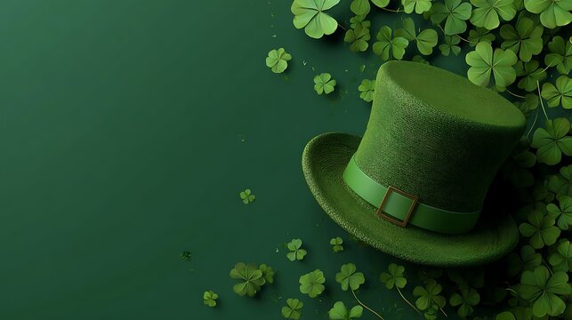 st patrick s day hat and shamrocks on green background