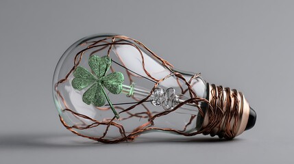 a light bulb with a green shamrock inside and copper wire wrapped around it