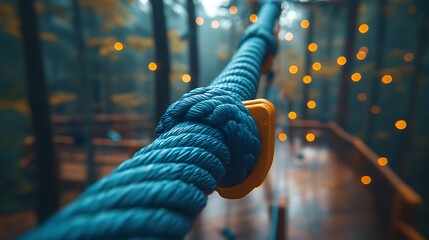 Rope bridge in forest.