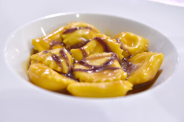 Agnolotti di carne or meat agnolotti is typical food from Bologna and Emilia Romagna region in Italy