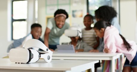 Diverse schoolkids watching camera shifting while girl putting on VR headset, viewing tablet - Powered by Adobe