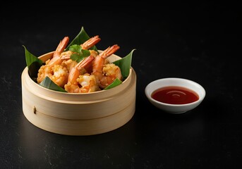 Shrimp Dumplings in Bamboo Steamer with Dipping Sauce.