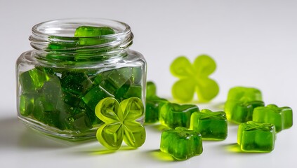 A glass jar filled with vibrant green clover shaped gummies and scattered pieces