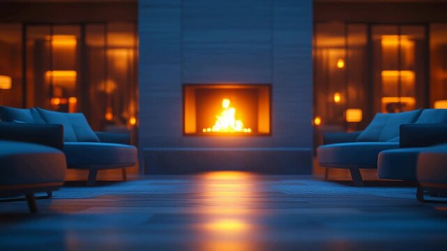 Modern luxury fireplace burning in dark hotel lobby with blue night lighting and warm flame reflections cinematic style ideal for relaxation background and cozy winter promos
