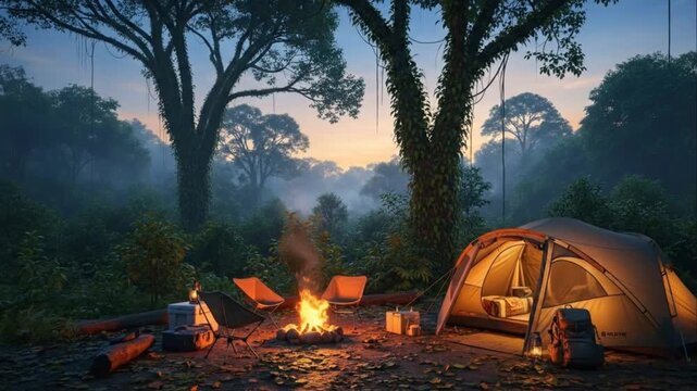 Cozy illuminated tent campfire deep misty forest night camping