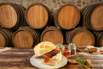 Porchetta or panino con la porchetta or sandwich whit porchetta  is typical food from Rome and Lazio region in Italy